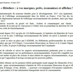 Communiqué de presse – Mars 2017 – Affichage environnemental des hôtels